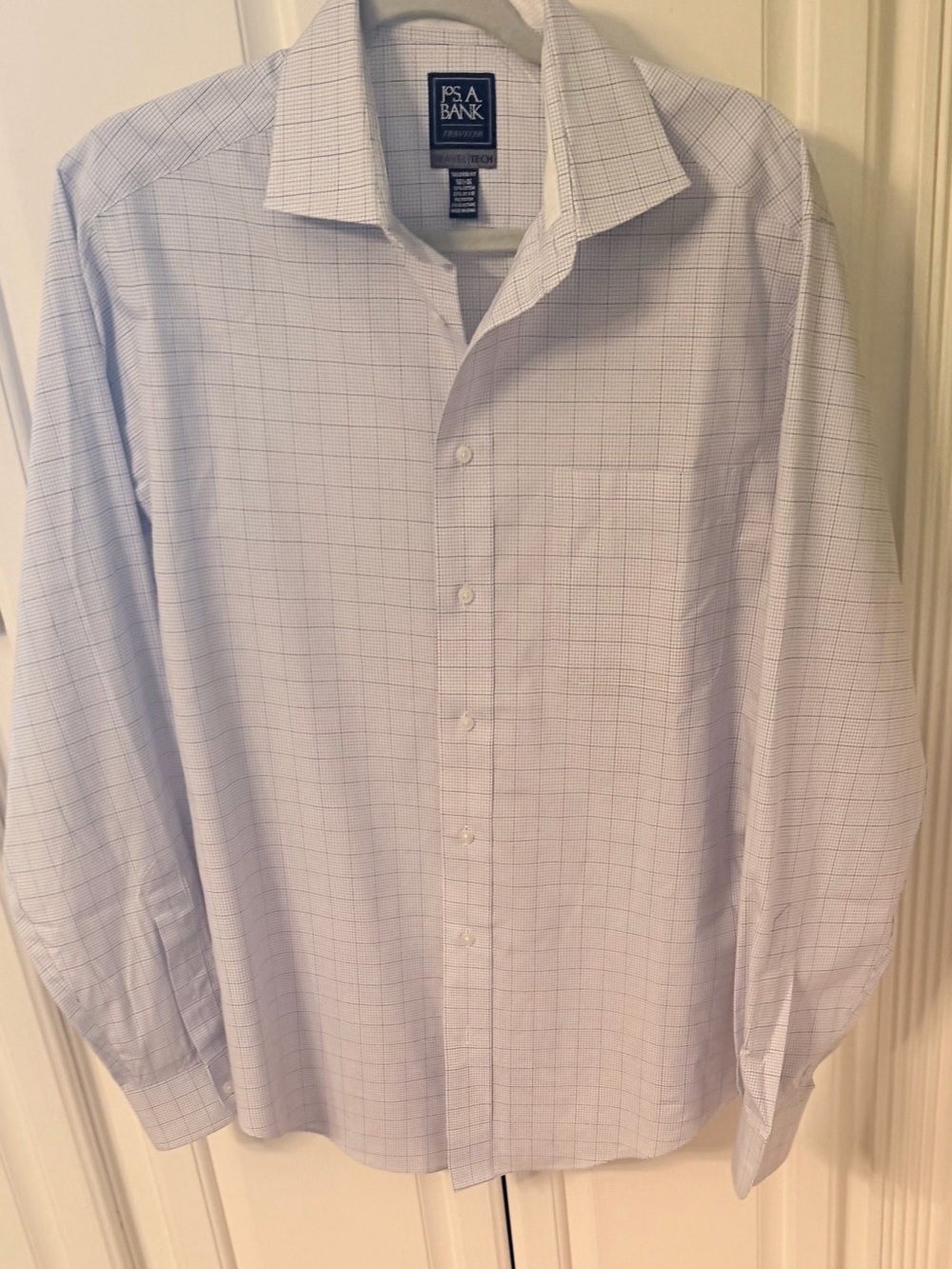 Jos A Bank Traveler Tech Shirt Men 15.5/35 Tailored Fit Blue Grid Stretch 37.5